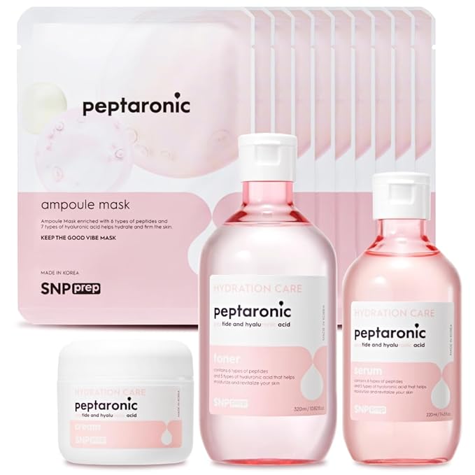 Snp 6 Peptides + 5 Hyaluronic Acid Skincare Set | 4-in-1 Kit of Toner, Serum, Cream & Sheet Masks | Moisturizing, Firming & Hydrating | Korean Skincare Set for Dry & Sensitive Skin | Peptaronic Set