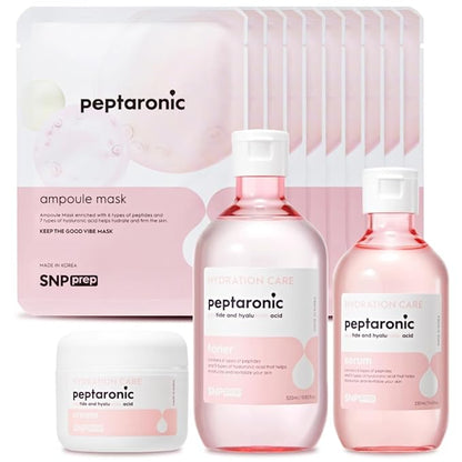 Snp 6 Peptides + 5 Hyaluronic Acid Skincare Set | 4-in-1 Kit of Toner, Serum, Cream & Sheet Masks | Moisturizing, Firming & Hydrating | Korean Skincare Set for Dry & Sensitive Skin | Peptaronic Set