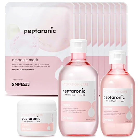 Snp 6 Peptides + 5 Hyaluronic Acid Skincare Set | 4-in-1 Kit of Toner, Serum, Cream & Sheet Masks | Moisturizing, Firming & Hydrating | Korean Skincare Set for Dry & Sensitive Skin | Peptaronic Set