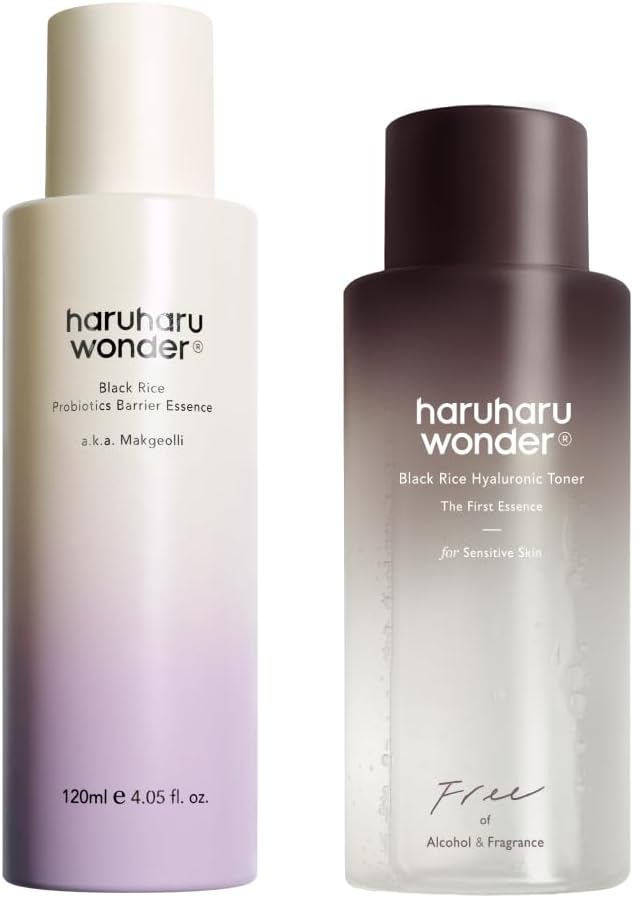 haruharu Wonder Black Rice probiotics Barrier Essence & Black Rice Hyaluronic Toner for Sensitive Skin Set, Skin Layering for Korean Glass Skin