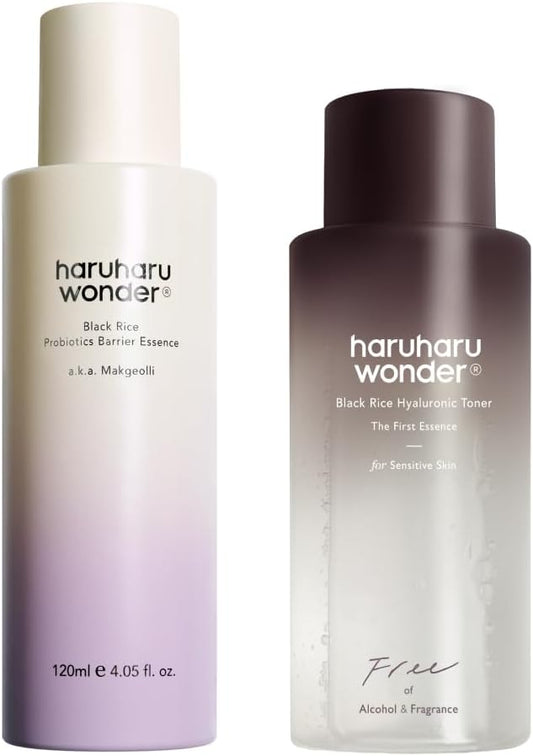 haruharu Wonder Black Rice probiotics Barrier Essence & Black Rice Hyaluronic Toner for Sensitive Skin Set, Skin Layering for Korean Glass Skin
