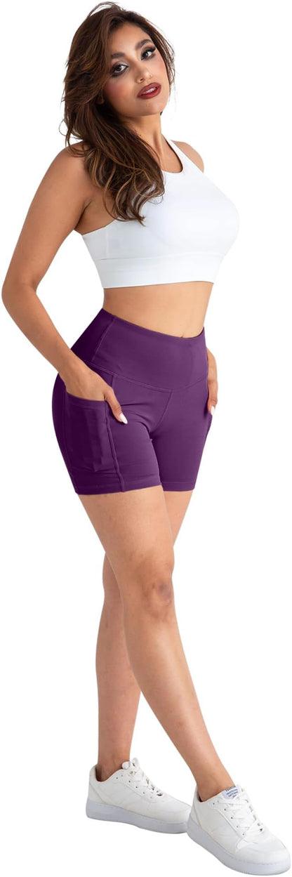CHRLEISURE Womens Biker Yoga Shorts with Pockets: High Waisted Tummy Control Spandex Workout Athletic Gym Shorts 4 Packs