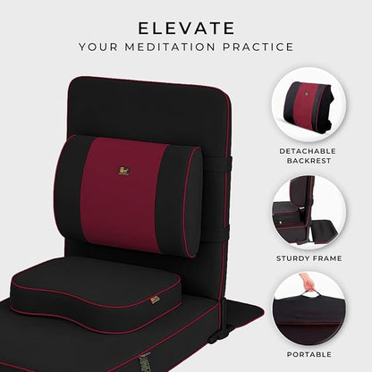 Friends of Meditation Extra Large Meditation Chair | Floor Chair with Back Support | Yoga Chairs for Adults | Portable Folding Chair | Yoga Chair with Cushion & Meditation Block | Black | 24x22 in