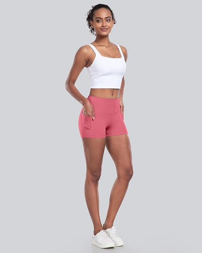 CHRLEISURE Womens Biker Yoga Shorts with Pockets: High Waisted Tummy Control Spandex Workout Athletic Gym Shorts 4 Packs