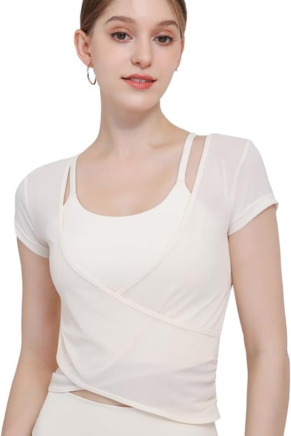 Harssidanzar Yoga Short Sleeve Two-piece set for Women Mesh Gym Athletic Tops Workout Shirts with Sports Bra CL305US