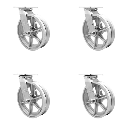 V Groove Semi Steel Cast Iron Swivel Top Plate Casters Set of 4 Heavy Duty with 8 Inch Wheels - Includes 4 Swivel – 5,000 lbs. Total Capacity - Service Caster Brand