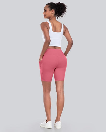 CHRLEISURE Womens Biker Yoga Shorts with Pockets: High Waisted Tummy Control Spandex Workout Athletic Gym Shorts 4 Packs