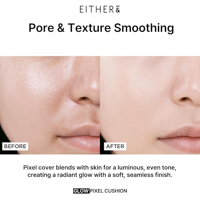 EITHER& Glow Pixel Cushion Foundation, Glowy Skincare, Korean Makeup, Natural Coverage, Moisturizing, Lightweight, Long Lasting Coverage for Flawless Skin (17P Porcelain)
