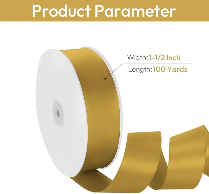 1-1/2" Width x 100 Yards Satin Ribbon, Gold Ribbon Perfect for DIY Craft, Bows, Gift Wrapping, Flower Bouquet, Valentine's Day, Christmas and Party Decoration