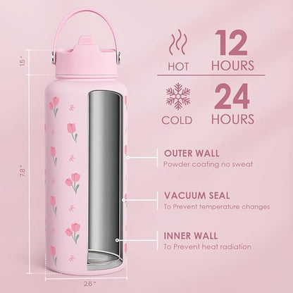 Floral Water Bottle 32oz Stainless Steel with Lid, Tulip Insulated Bottles for Women Girls, Gifts Ideas for Birthday Christmas