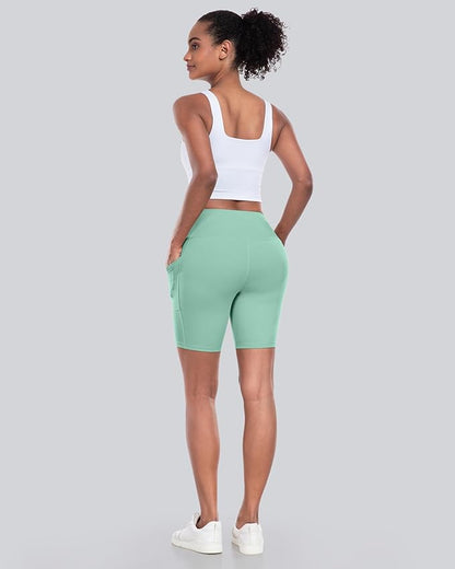 CHRLEISURE Womens Biker Yoga Shorts with Pockets: High Waisted Tummy Control Spandex Workout Athletic Gym Shorts 4 Packs