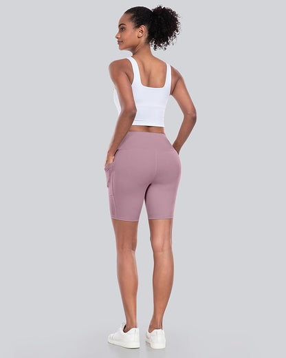 CHRLEISURE Womens Biker Yoga Shorts with Pockets: High Waisted Tummy Control Spandex Workout Athletic Gym Shorts 4 Packs