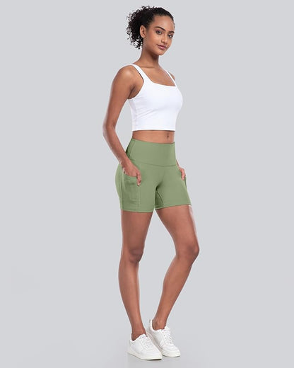CHRLEISURE Womens Biker Yoga Shorts with Pockets: High Waisted Tummy Control Spandex Workout Athletic Gym Shorts 4 Packs