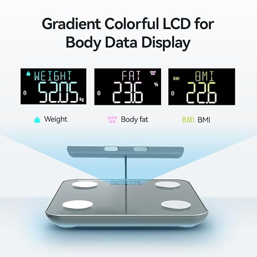 Fitdays Smart Body Fat Scale | Advanced 8-Electrode Technology for BMI/20+ Body Metrics | Full-Color LED & High Precision | Bathroom Weight Scale for Fitness/Weight Loss (FG2211LB-GREY)