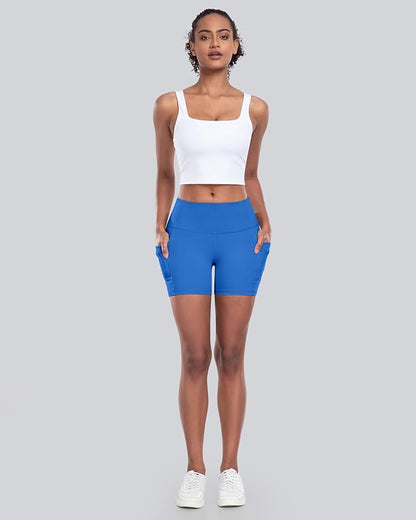 CHRLEISURE Womens Biker Yoga Shorts with Pockets: High Waisted Tummy Control Spandex Workout Athletic Gym Shorts 4 Packs