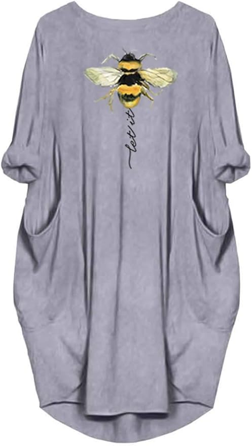 Womens I'm Mostly Peace Love and Light and A Little Go Print Long Sleeve Loose Pocket Oversize Tunic Dress