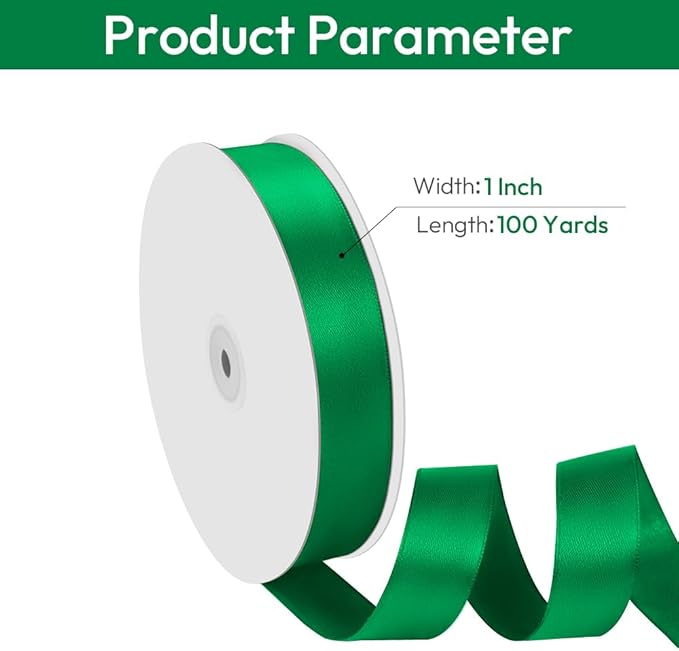 1" Width x 100 Yards Satin Ribbon, Green Ribbon Perfect for DIY Craft, Bows, Gift Wrapping, Flower Bouquet, Valentine's Day, Christmas and Party Decoration