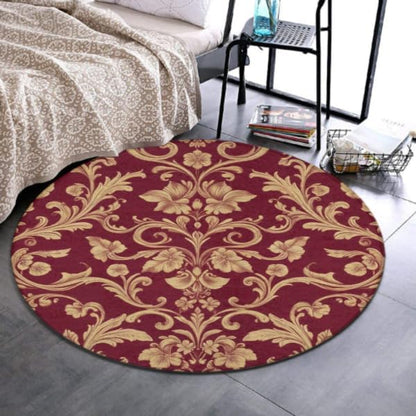Soft Round Yoga Carpet, Large Home Decor Mat, Non-Slip Machine Washable Kitchen Office Circle Rug Compatible with Flower Maroon Gold Floral Classy Burgundy Antique
