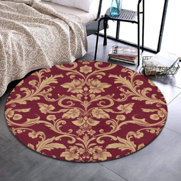 Soft Round Yoga Carpet, Large Home Decor Mat, Non-Slip Machine Washable Kitchen Office Circle Rug Compatible with Flower Maroon Gold Floral Classy Burgundy Antique
