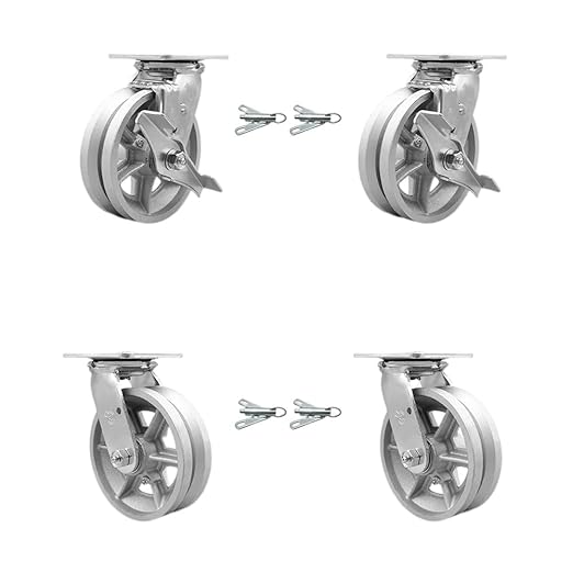 V Groove Semi Steel Swivel Top Plate Casters Set 4 Heavy Duty with 6 Inch Wheels - Includes 2 Swivel with Brakes and Bolt on Swivel Locks and 2 Swivel with Bolt on Swivel Locks - Service Caster Brand