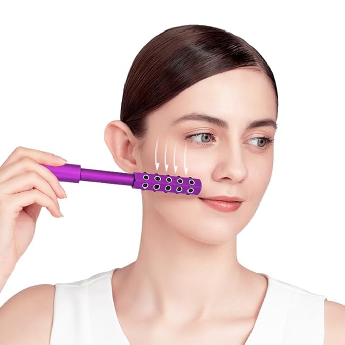 30-Stone Facial Roller - Cooling Face & Neck Massager Tool for Skin Rejuvenation | 360° Contouring with Germanium Stones & Aircraft Aluminum | Portable 7.6" Beauty Roller - Purple
