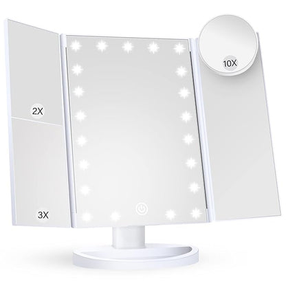 HUONUL Makeup Mirror Vanity Mirror with Lights, 2X, 3X, 10X Magnification, Touch Control, Trifold, White, 9.4" L x 13.4" W, Modern Style, Dresser Mount, Bathroom