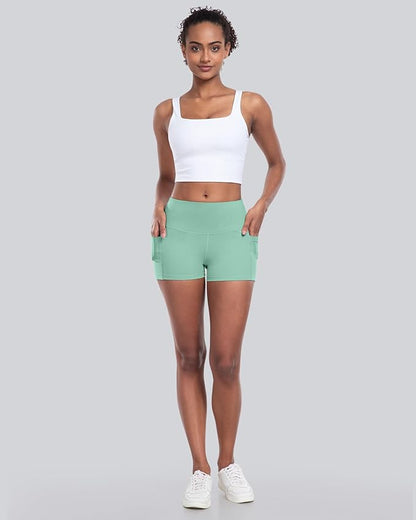 CHRLEISURE Womens Biker Yoga Shorts with Pockets: High Waisted Tummy Control Spandex Workout Athletic Gym Shorts 4 Packs