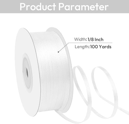 1/8" Width x 100 Yards Satin Ribbon, Double Faced Thin White Ribbon Perfect for DIY Craft, Bows, Gift Wrapping, Flower Bouquet, Valentine's Day, Christmas and Party Decoration