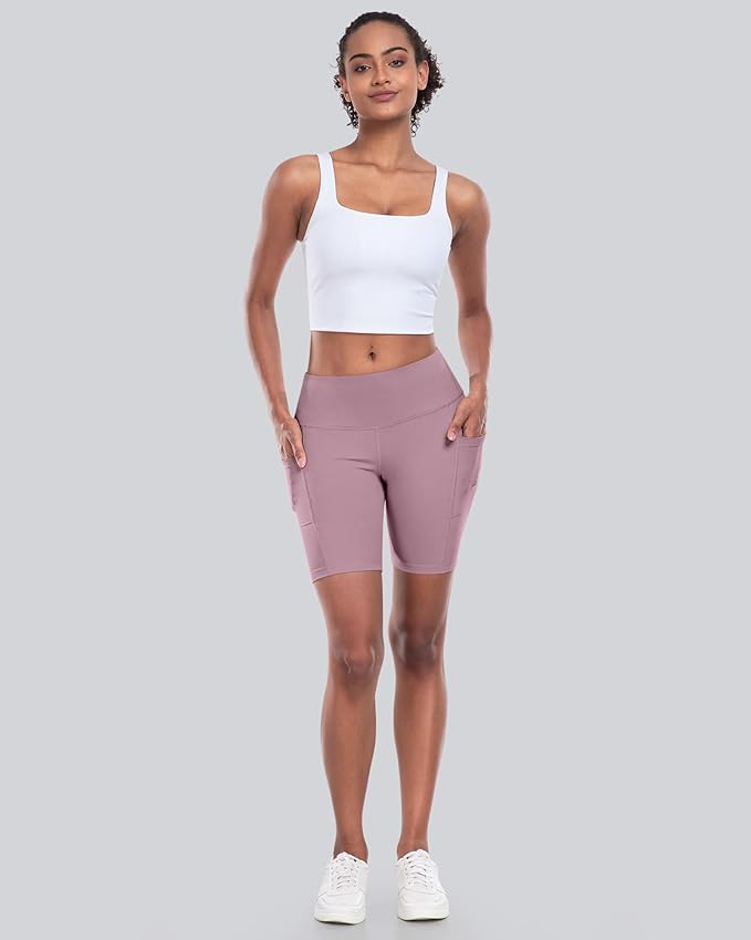 CHRLEISURE Womens Biker Yoga Shorts with Pockets: High Waisted Tummy Control Spandex Workout Athletic Gym Shorts 4 Packs