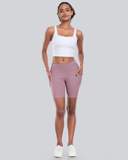 CHRLEISURE Womens Biker Yoga Shorts with Pockets: High Waisted Tummy Control Spandex Workout Athletic Gym Shorts 4 Packs