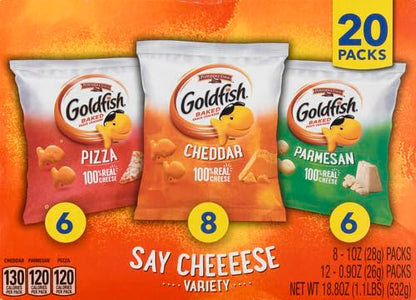 Goldfish Crackers Say Cheeeese Variety Pack with Cheddar, Pizza and Parmesan, Snack Packs, 20 Ct (Pack of 2)