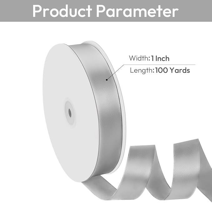 1" Width x 100 Yards Satin Ribbon, Silver Ribbon Perfect for DIY Craft, Bows, Gift Wrapping, Flower Bouquet, Valentine's Day, Christmas and Party Decoration
