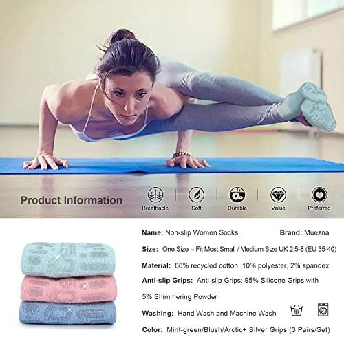 Muezna Non Slip Yoga Socks for Women, Anti-Skid Pilates, Barre, Hospital Socks with Grips, Size 5-10