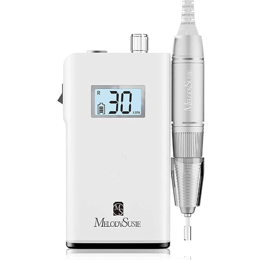 MelodySusie Professional Rechargeable 30000 rpm Nail Drill,SC320H Portable Electric E File Scamander, Acrylic Gel Grinder Tools with 6 Bits and Sanding Bands for Manicure Pedicure Carve Polish (White)