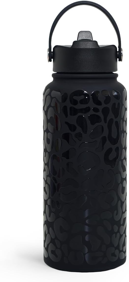 SANDJEST Leopard Water Bottle 32oz Stainless Steel Double Wall Vacuum Insulated with Lid, Leopard Print Water Bottles for Gym Sports Travel Outdoor, Gifts for Women Girls Ladies Birthday Christmas