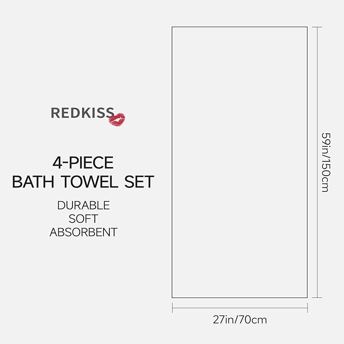 REDKISS 100% Cotton Bath Towels Set of 4, Extra Large Bath Sheets 27 X 59 Inches, 600 GSM, Quick Dry, Ultra Soft & Super Absorbent Bathroom Towel Sets for Bathroom, Gym, Spa, Pool & Hotel, White