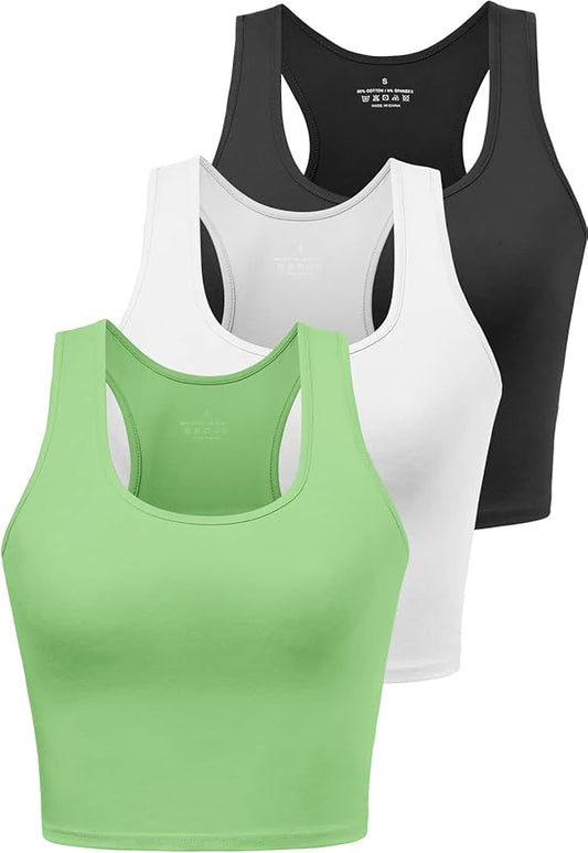 Porvike Sports Crop Tank Tops for Women Cropped Workout Tops Racerback Running Yoga Tanks Cotton Sleeveless Gym Shirts 3 Pack