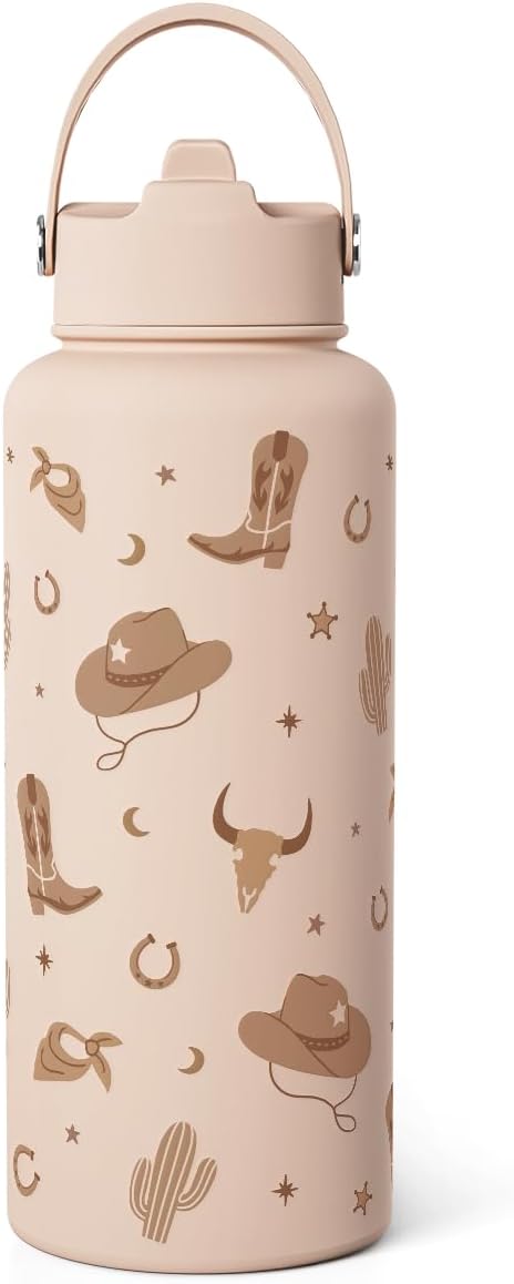 Western Cowgirl Water Bottle 32oz Stainless Steel with Lid, Insulated Bottles for Women Girls, Gift Idea for Birthday Christmas