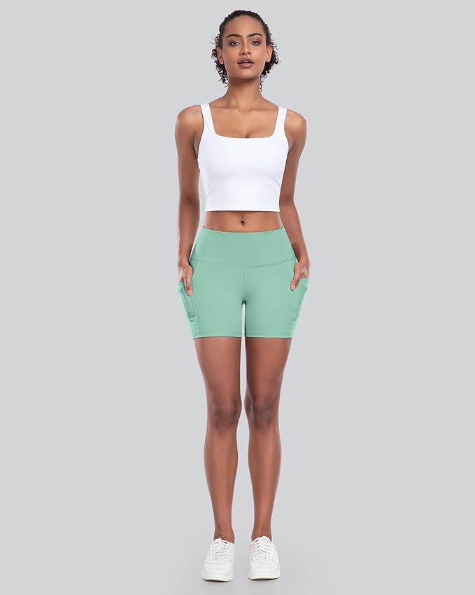 CHRLEISURE Womens Biker Yoga Shorts with Pockets: High Waisted Tummy Control Spandex Workout Athletic Gym Shorts 4 Packs