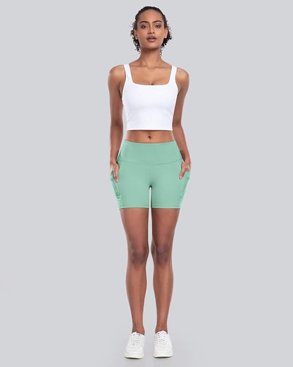 CHRLEISURE Womens Biker Yoga Shorts with Pockets: High Waisted Tummy Control Spandex Workout Athletic Gym Shorts 4 Packs