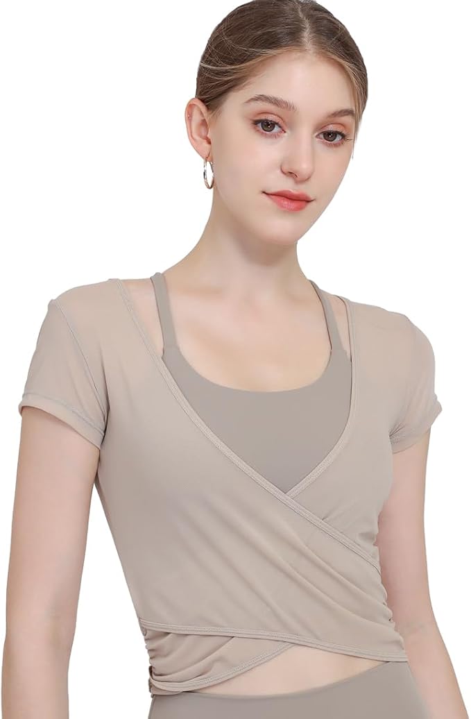 Harssidanzar Yoga Short Sleeve Two-piece set for Women Mesh Gym Athletic Tops Workout Shirts with Sports Bra CL305US
