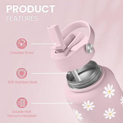 SANDJEST Daisy Water Bottle Stainless Steel 32oz Insulated with Lid, Flower Water Bottles Gifts for Women Girls Friends Teens Birthday Christmas