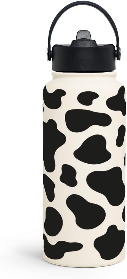 Cow Print Water Bottle 32oz Stainless Steel Vacuum Insulated with Lid, Cow Water Bottles for Gym Sports Travel Outdoor, Cow Gifts for Women Girls Birthday Christmas