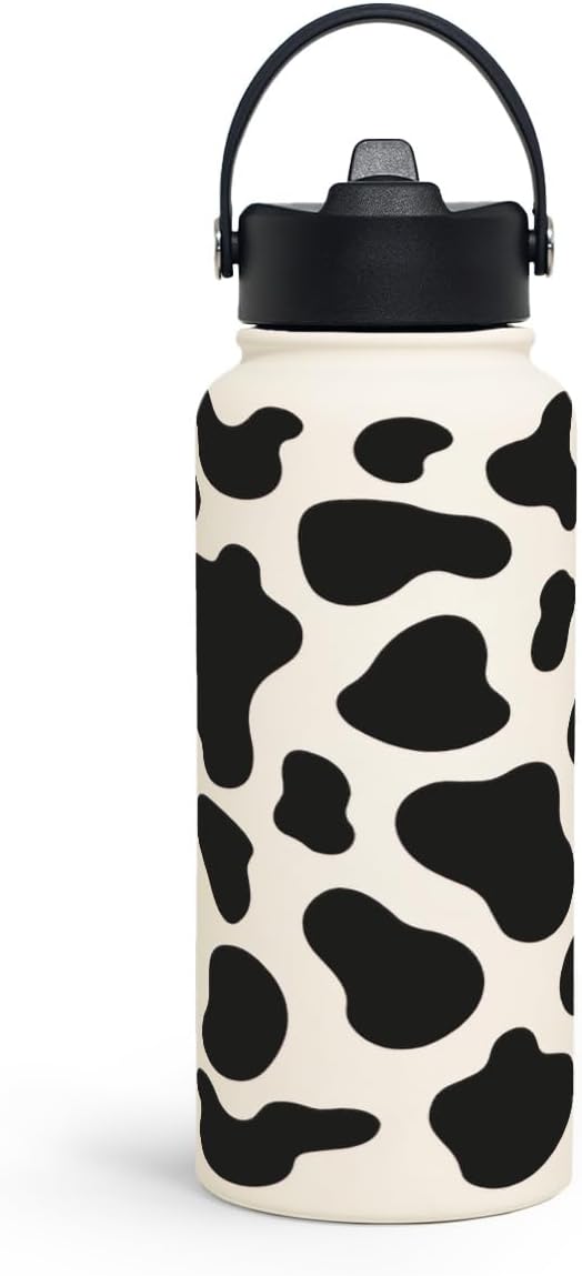 Cow Print Water Bottle 32oz Stainless Steel Vacuum Insulated with Lid, Cow Water Bottles for Gym Sports Travel Outdoor, Cow Gifts for Women Girls Birthday Christmas
