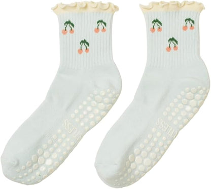 Crew Half Calf Grip Socks, Cutest Fruits Pilates Socks, Ruffle socks, Non-Slip, Barre Yoga Fitness