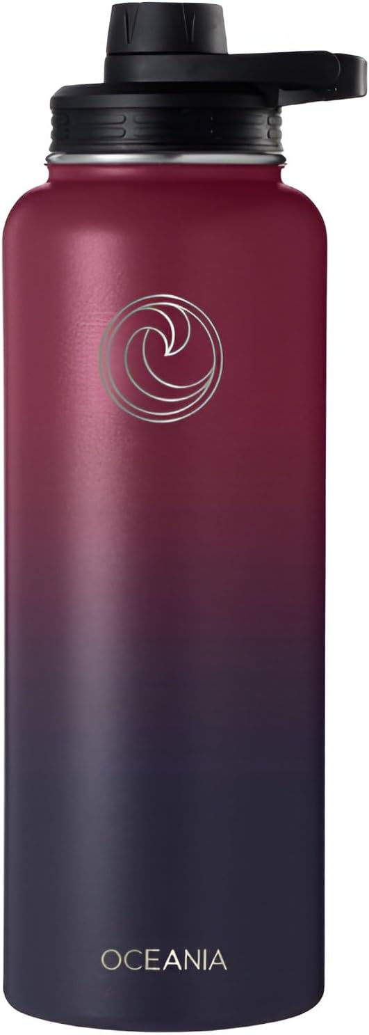 Oceania Flask 40oz Stainless Steel Water Bottles | Modern, Leakproof, Vacuum Insulated with 3 Lids, 3 Straws & 2 Straw Cleaning Brushes | Simple Lightweight Camping & Hiking Hydration Canteens