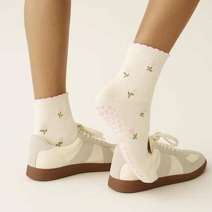 Crew Half Calf Grip Socks, Cutest Fruits Pilates Socks, Ruffle socks, Non-Slip, Barre Yoga Fitness