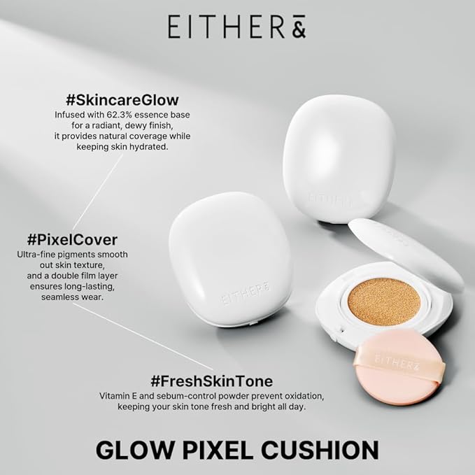EITHER& Glow Pixel Cushion Foundation, Glowy Skincare, Korean Makeup, Natural Coverage, Moisturizing, Lightweight, Long Lasting Coverage for Flawless Skin (17P Porcelain)