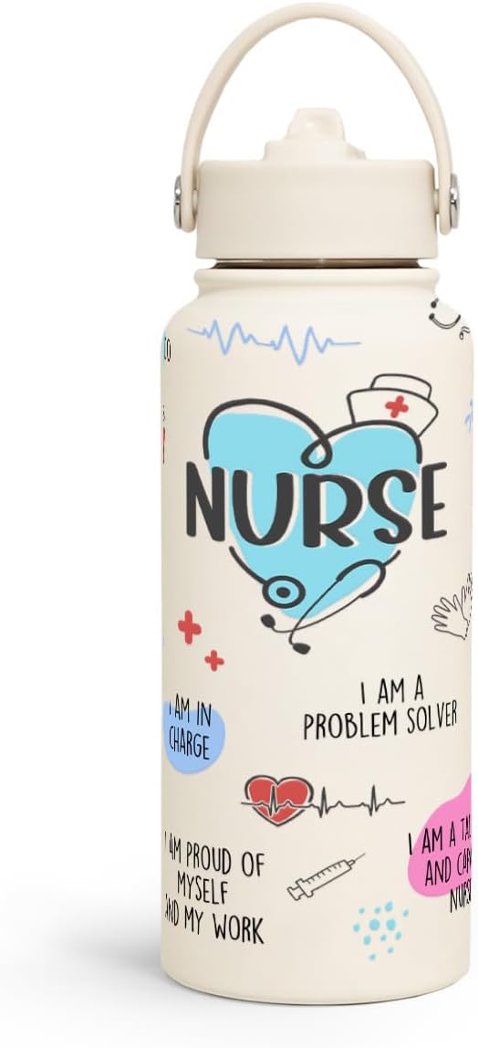 Nurse Water Bottle 32oz Stainless Steel Insulated with Lid, Nurse Gifts for Female Nurses, Medical Staff Inspiration Gifts for Nursing Students, Graduation Christmas Birthday Nurse Week