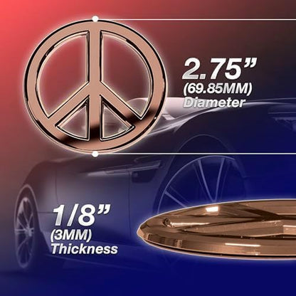 Classic Rose Gold Peace Sign Logo - Metal Car Emblem by Revolution Car Badges - Antiwar Peace and Love Symbol - Premium Alternative to Bumper Stickers, Decals, and Magnets (Rose Gold Plated Metal)